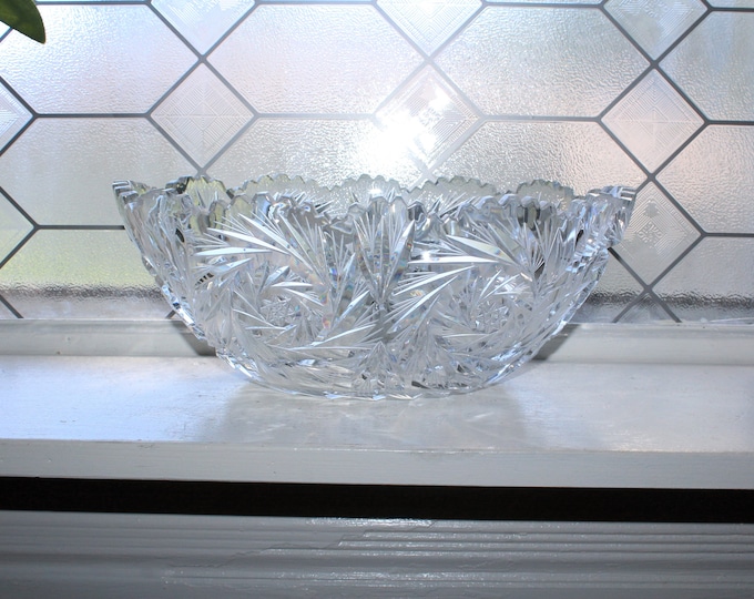 Large Vintage Cut Crystal Oval Bowl with Buzz Saw Decoration