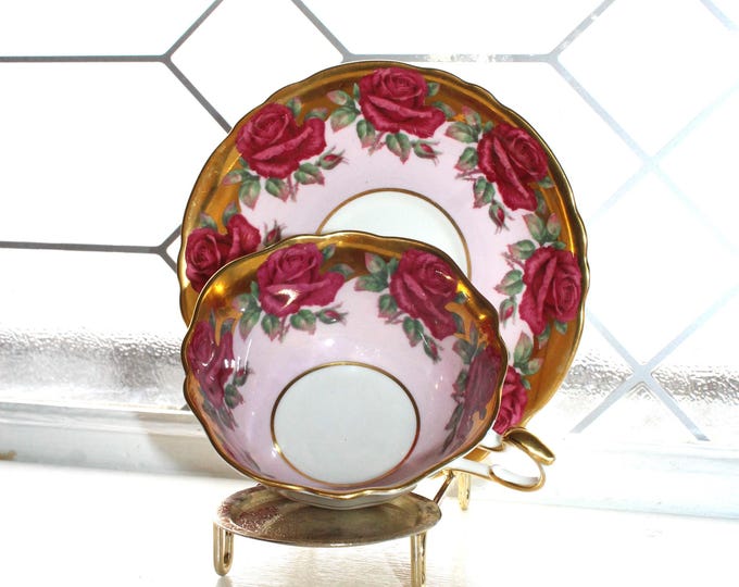 Paragon Teacup and Saucer Rare Johnson Red Rose Garland Pink & Gold