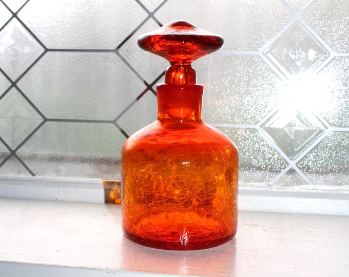 Vintage Rainbow Glass Orange Crackle Mushroom Decanter Mid Century