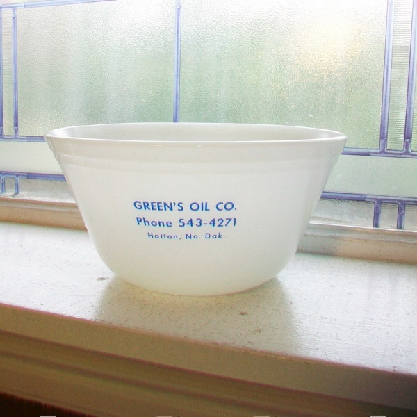 Advertising Bowl Milk Glass Green's Oil Co Hatton ND Vintage 1960s