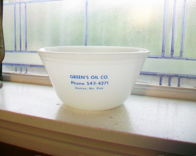 Advertising Bowl Milk Glass Green's Oil Co Hatton ND Vintage 1960s