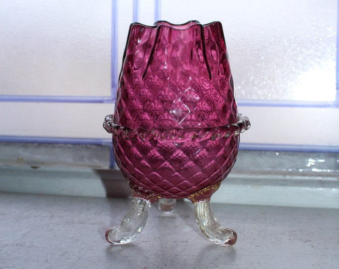 Interesting Vintage Venetian Quilted Amethyst Glass Footed Vase