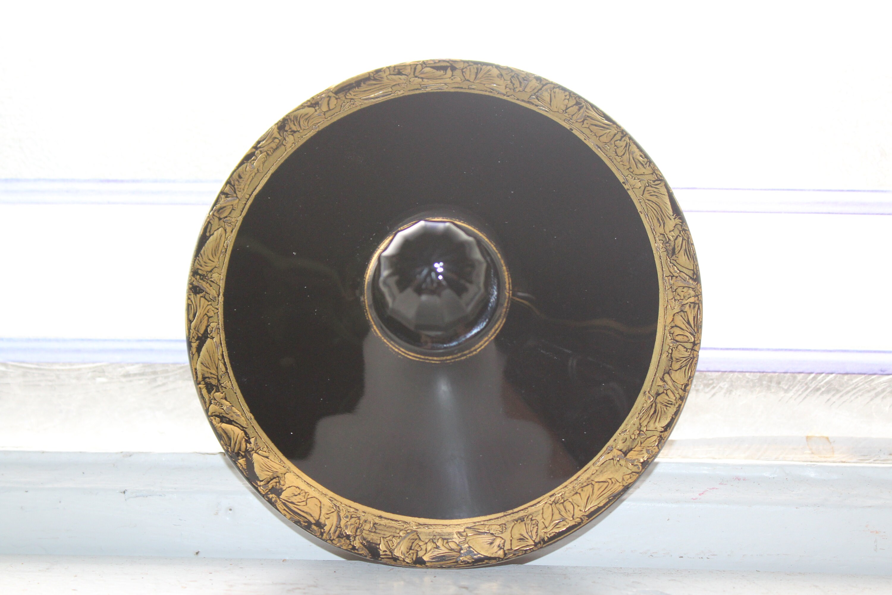 Vintage Fostoria Glass Ebony Black & Gold Covered Candy Dish with Handles