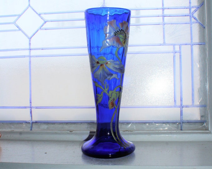 Large Vintage Moser Bohemian Glass Vase Cobalt Blue & Enameled Flowers