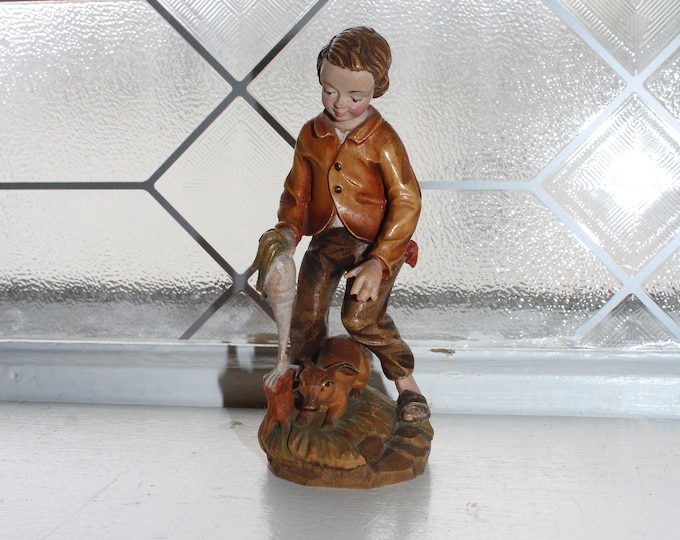 Vintage Carved Wood Boy and Rabbit Figurine Hanna Ludwig Eible & Sohn