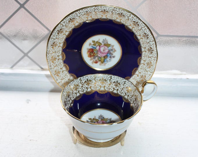 Aynsley Signed J. A. Bailey Cabbage Rose Cobalt Blue Teacup Saucer c991