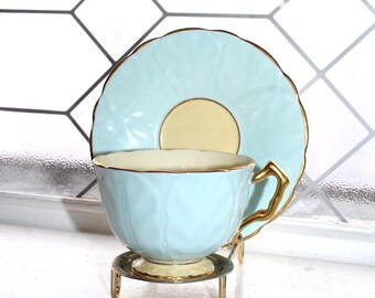 Aynsley Tea Cup & Saucer Oleander Pastel Blue with Yellow Interior