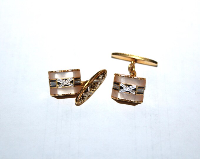 Vintage Estate Toledo Damascene Cufflinks Gold Plate Black Mother of Pearl