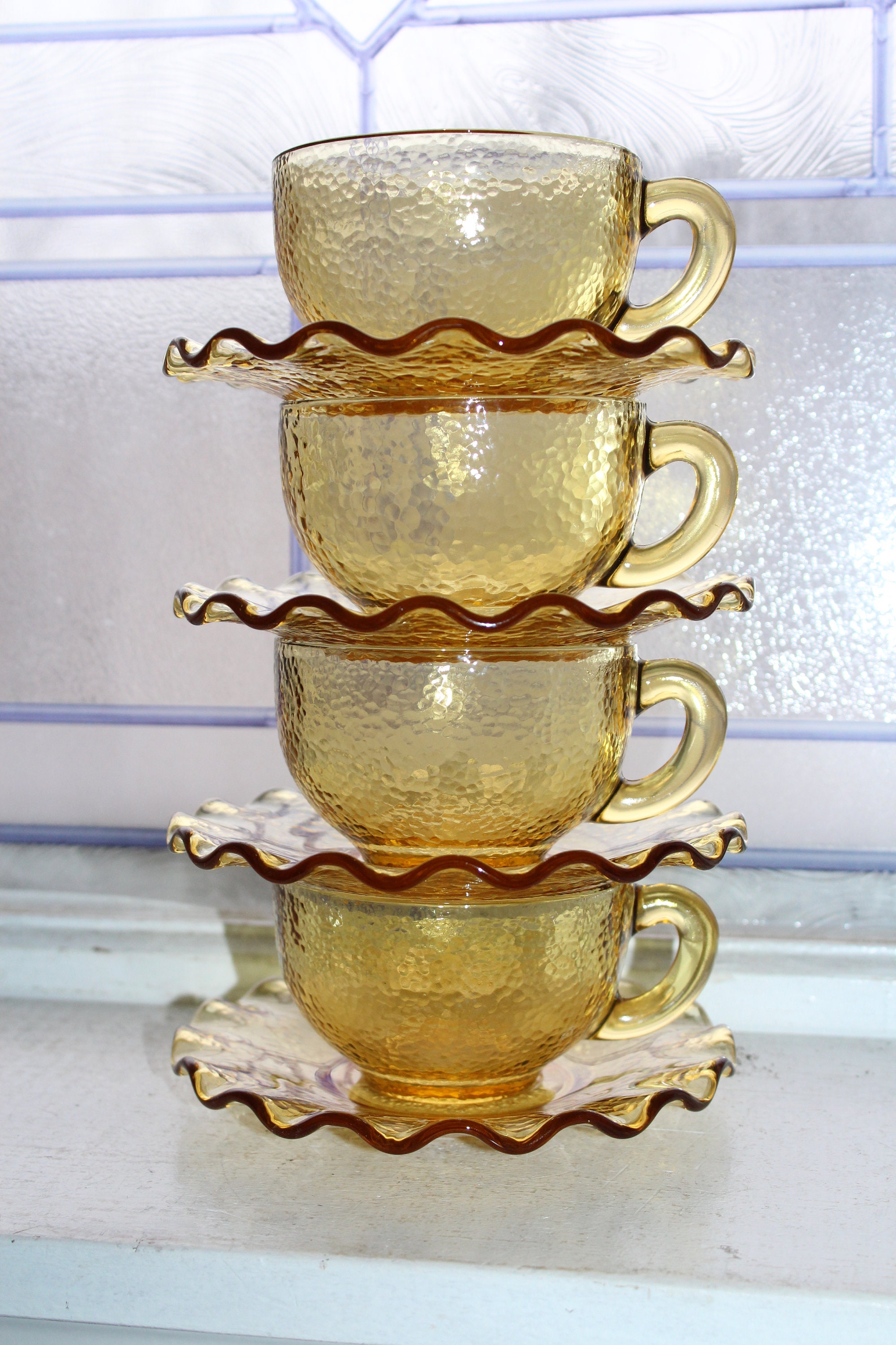 4 Vintage Textured Amber Glass Cups and Saucers Wavy Pie Crimp Rim