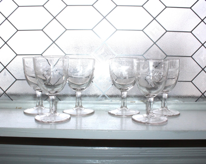 6 Antique Etched Glass Wine or Water Goblets