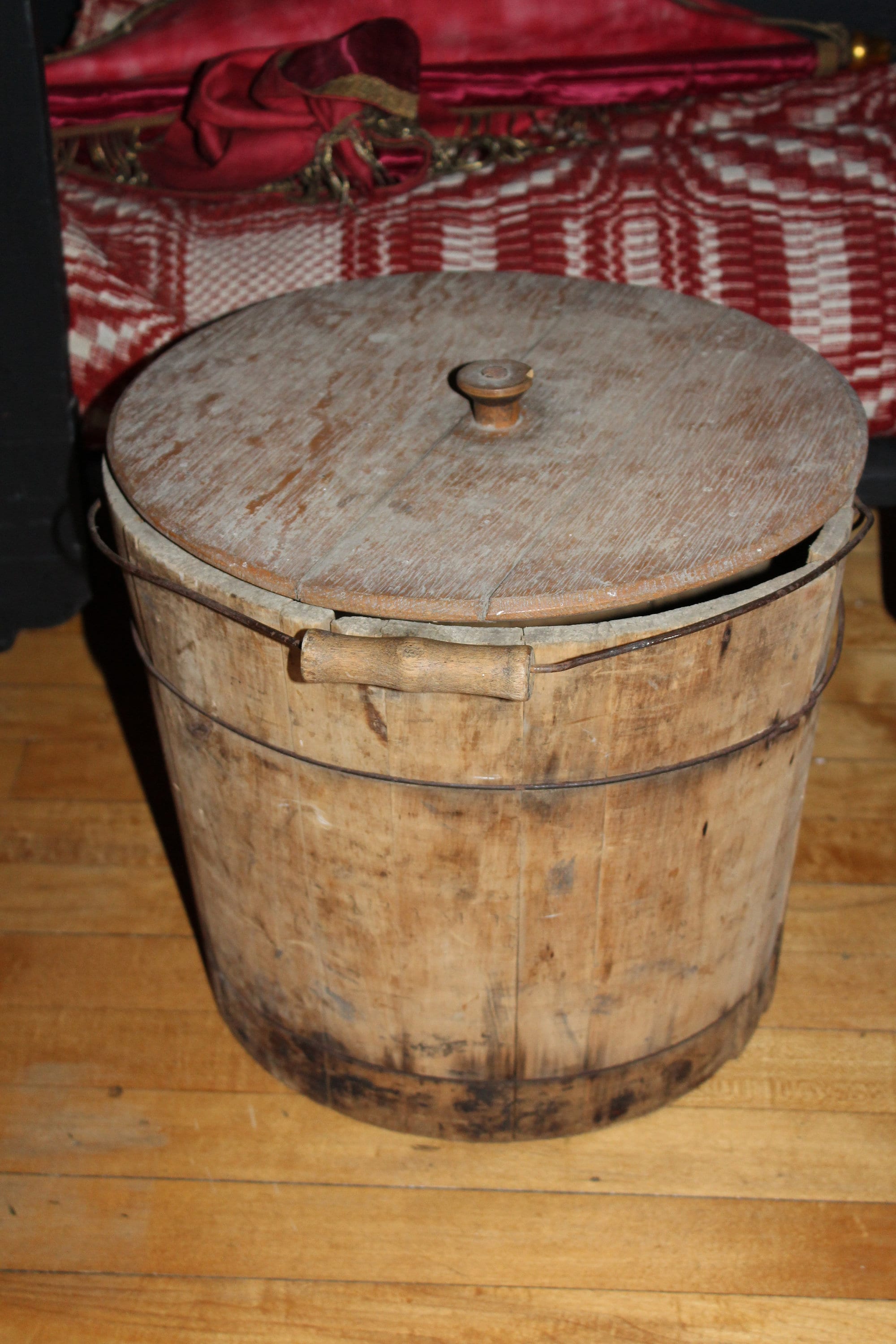 Large Antique Wooden Pail Bucket Wood Firkin Bail Handle and Lid