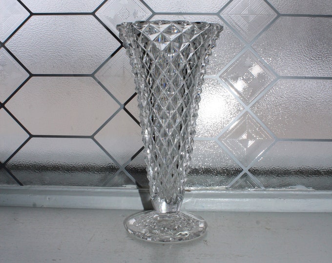 Vintage Diamond Point Footed Glass Trumpet Vase