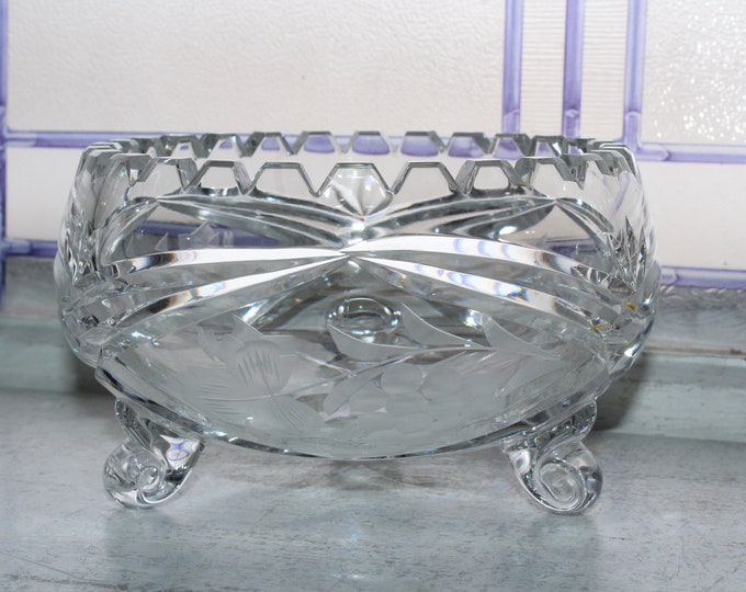 Elegant Vintage Cut Crystal Footed Bowl Grapes Pattern