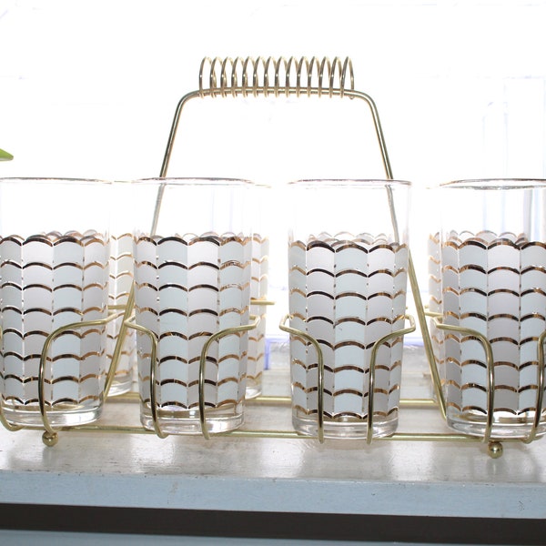 8 Mid Century Glass Tumblers & Caddy Gold Gray and White Scales Motif