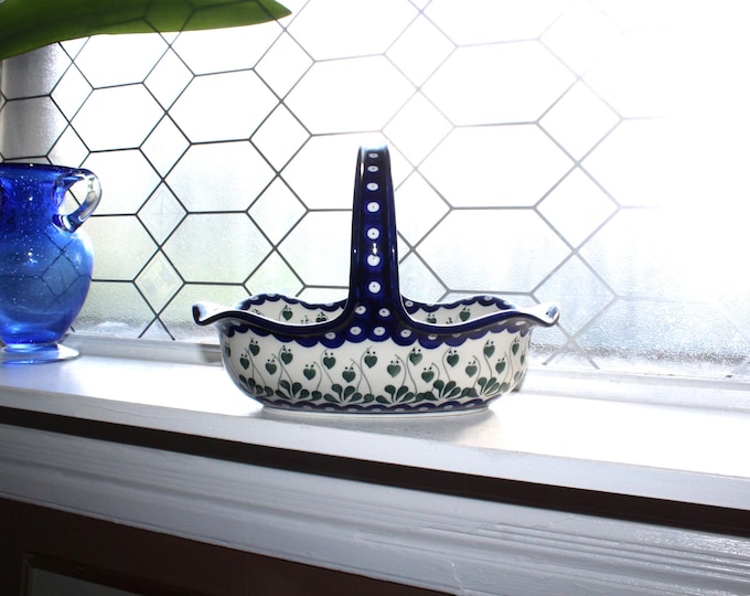Vintage Polish Pottery Basket Blue and White with Bleeding Hearts