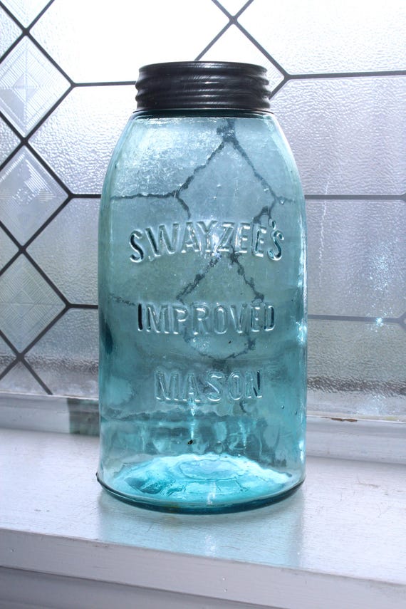 アンティークブルーの缶詰瓶、スウェイジーの改良メイソンジャー、1/2