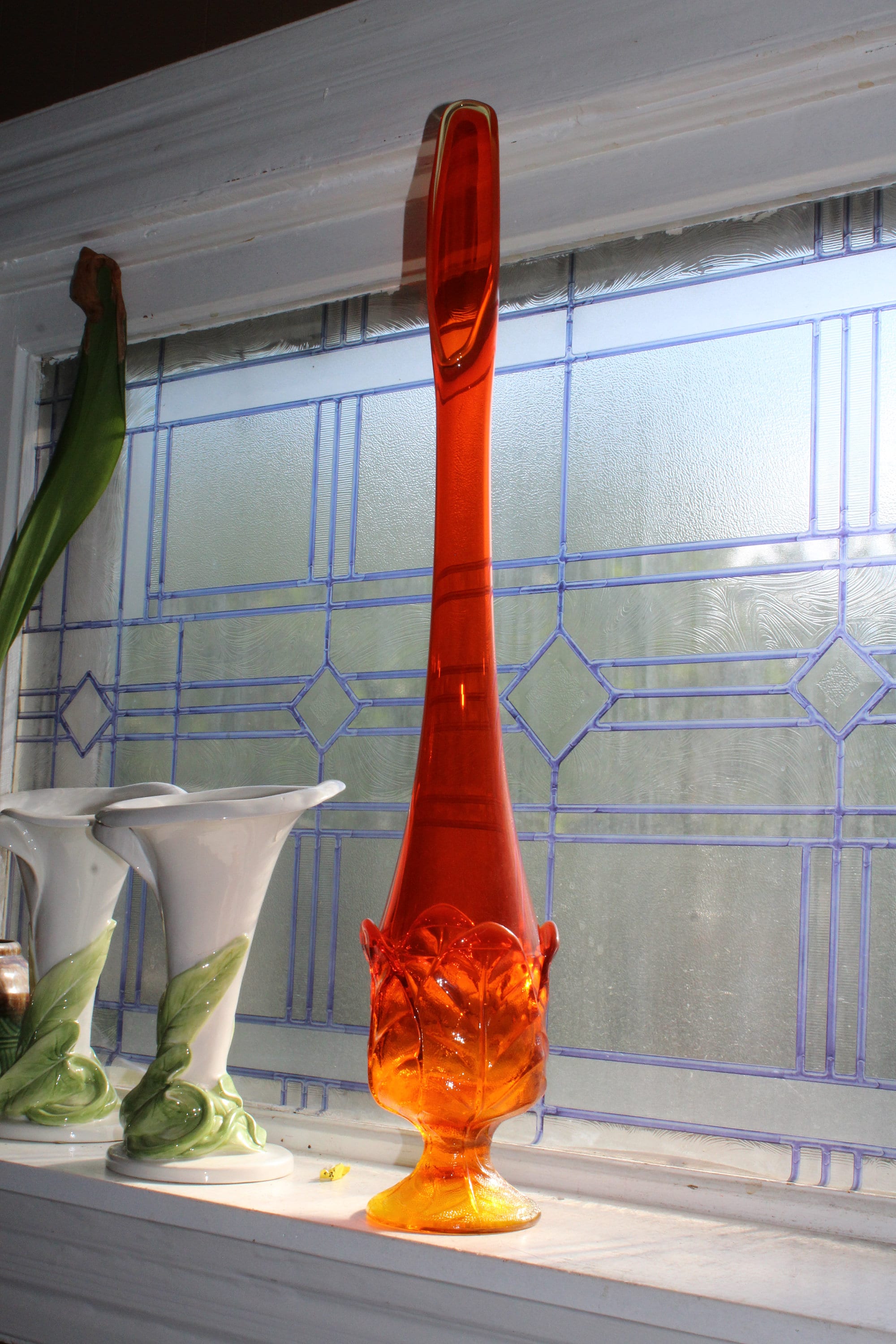 RESERVED FOR RON Large Amberina Swung Glass Cabbage Leaf Vase & Tiffin