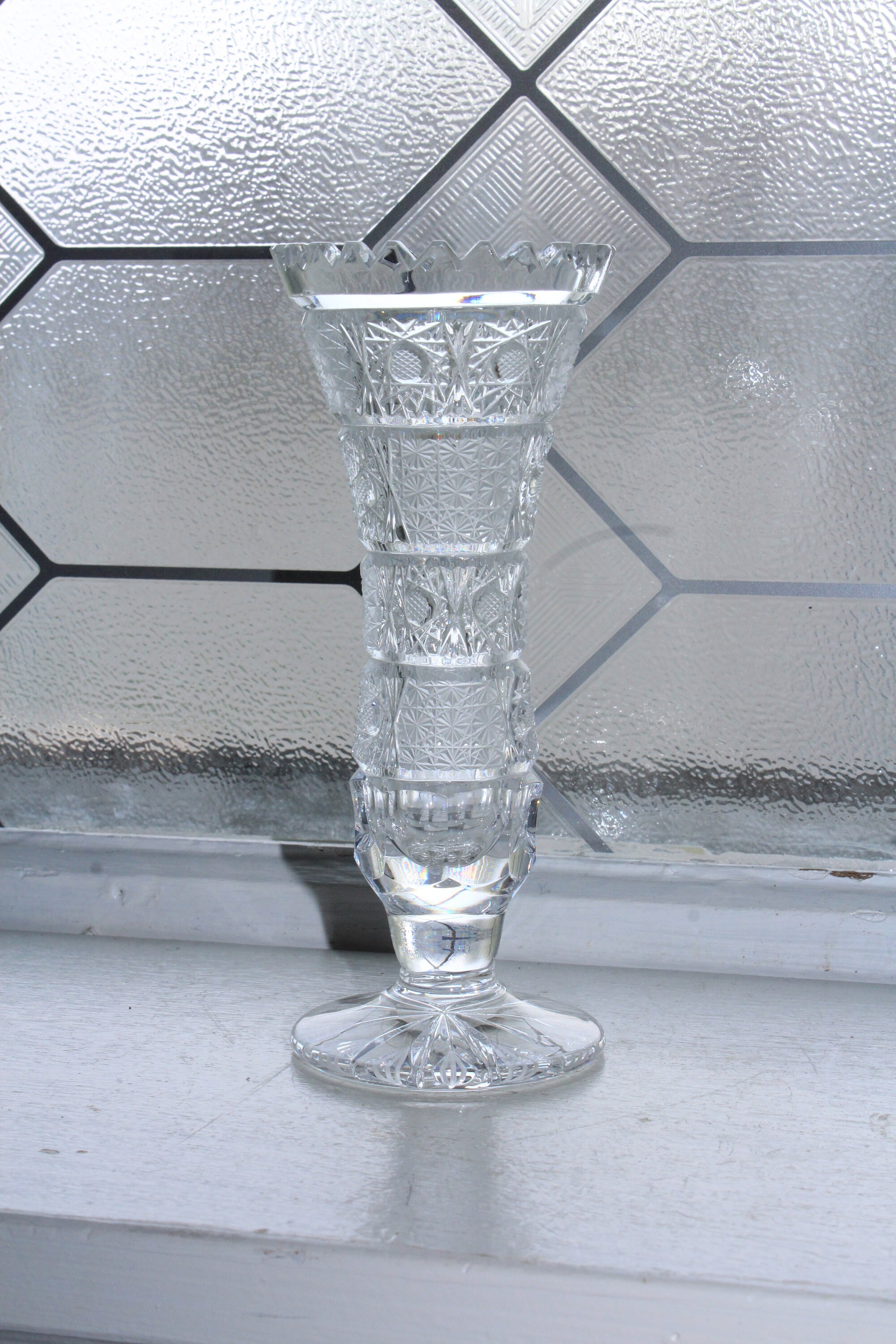 Vintage Bohemia Hand Cut Lead Crystal Footed Bud Vase Queen's Lace