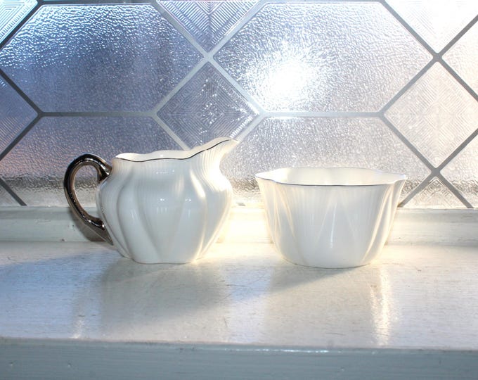 Shelley Claire De Lune Creamer and Sugar Bowl Dainty White Platinum Trim 1960s