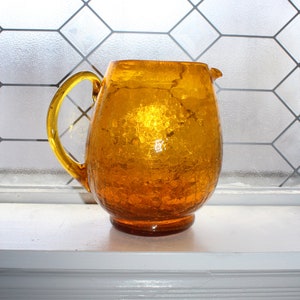 Vintage Mid Century Amber Crackle Glass Pitcher