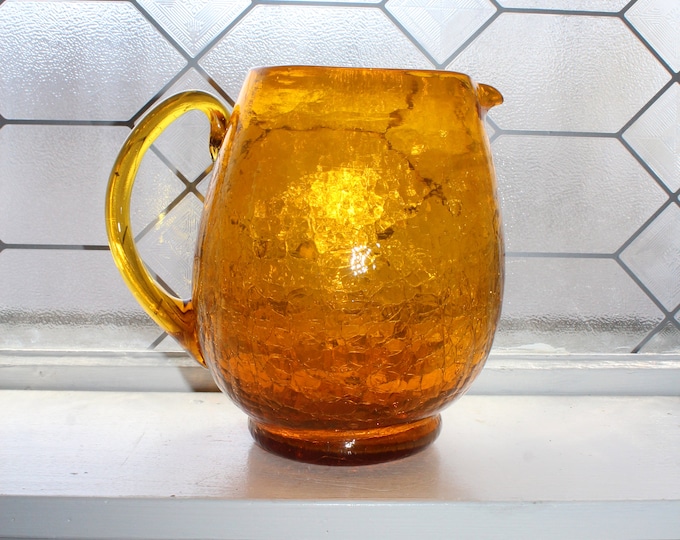 Vintage Mid Century Amber Crackle Glass Pitcher