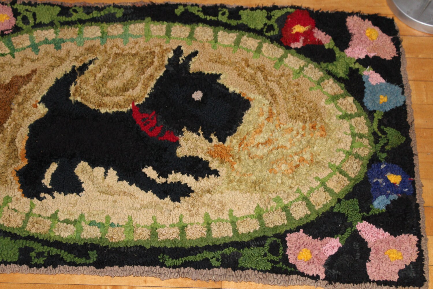 Antique Hooked Rug Scotty Dog Hand Made Folk Art 42 x 24