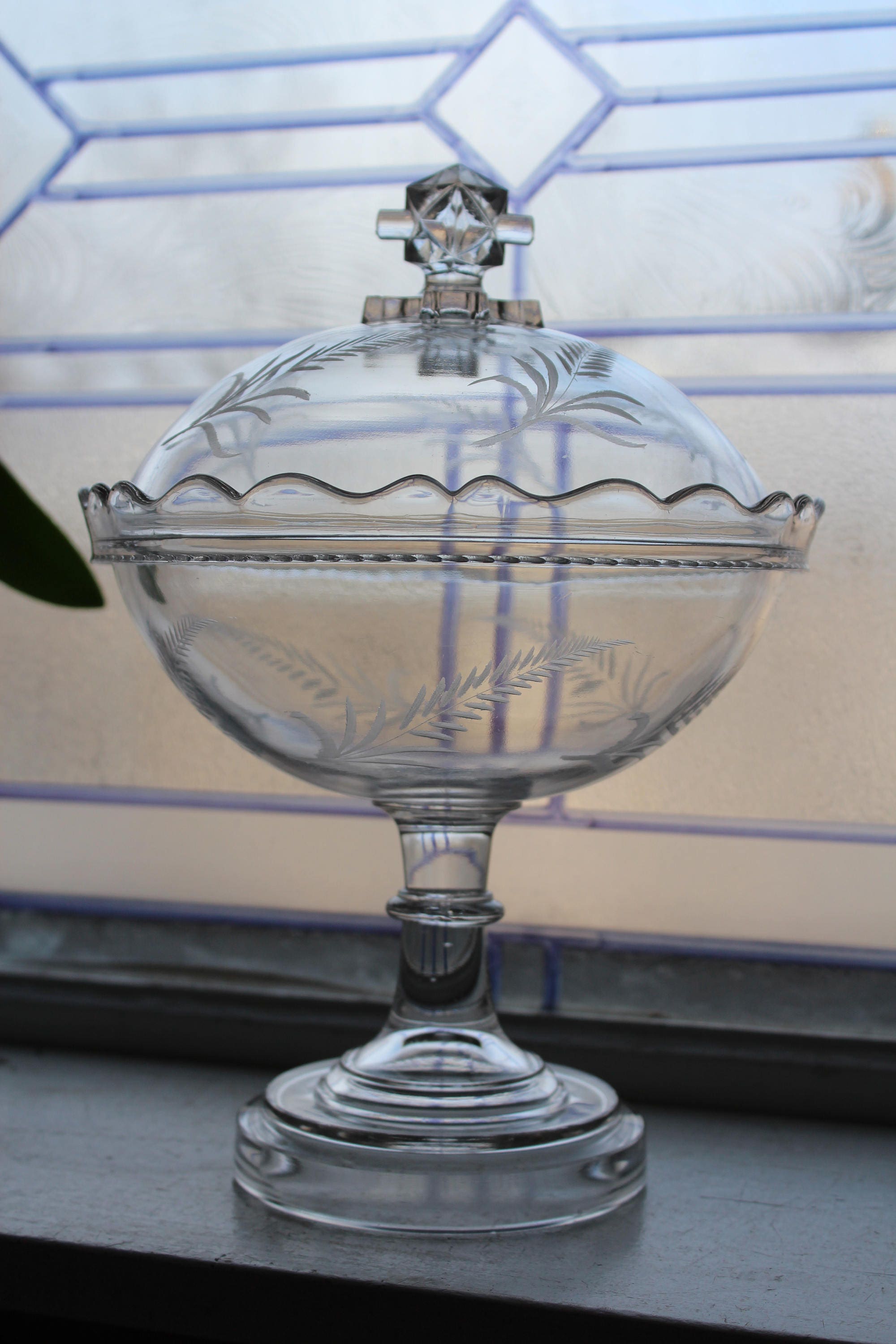 EAPG Etched Glass Compote with Lid Antique Early 1900s