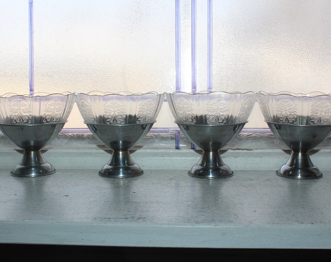 4 American Sweetheart Depression Glass Sherbets with Metal Bases