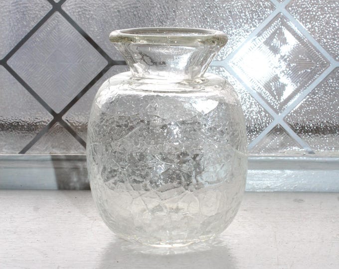 Vintage Clear Crackle Glass Vase by William Salk 1987 Studio Art Glass