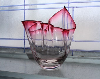 Large Vintage Chalet Canada Handkerchief Vase Cranberry and Clear