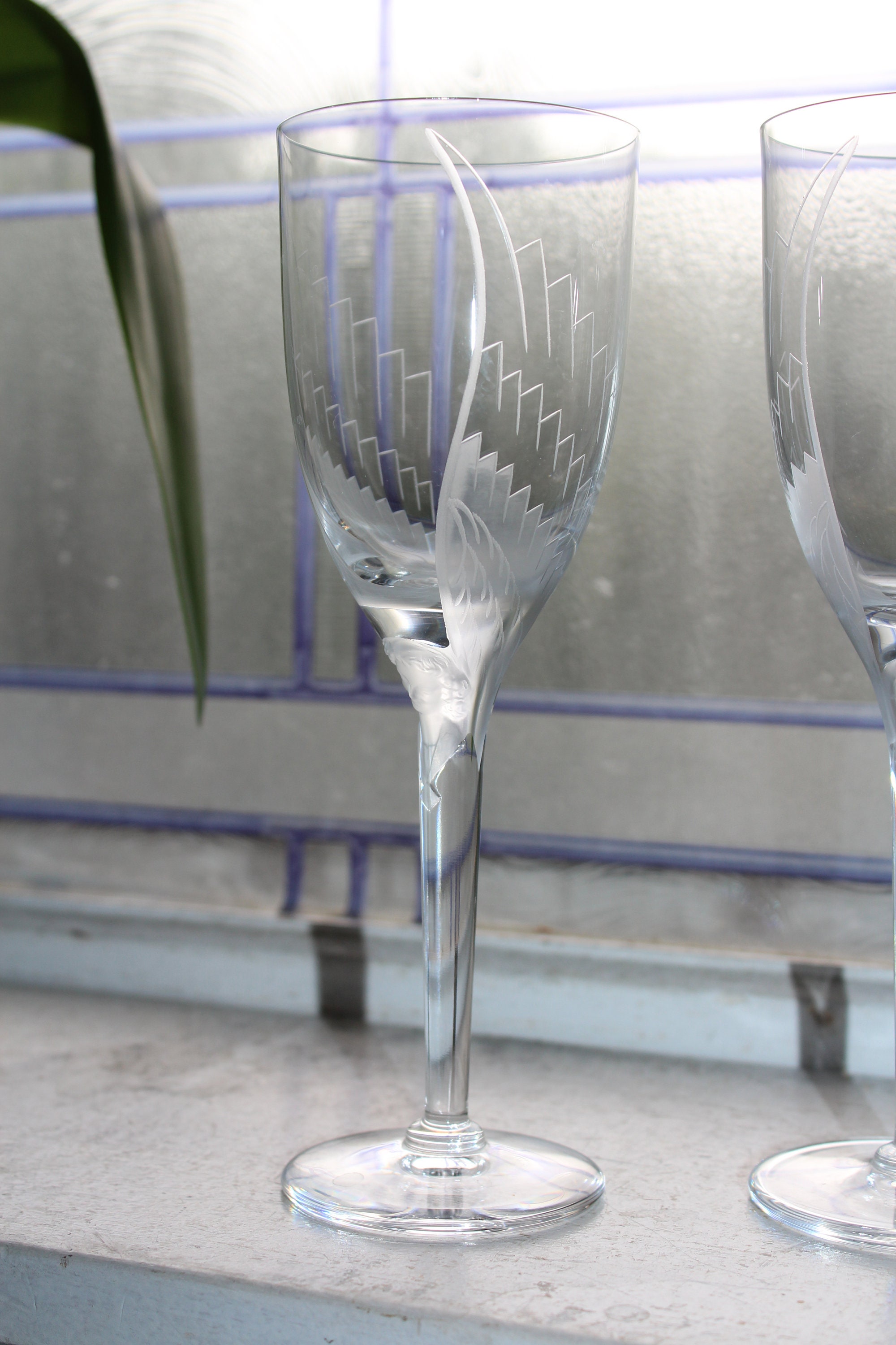 2 Vintage Lalique Angel Champagne Flutes Glasses Stemware