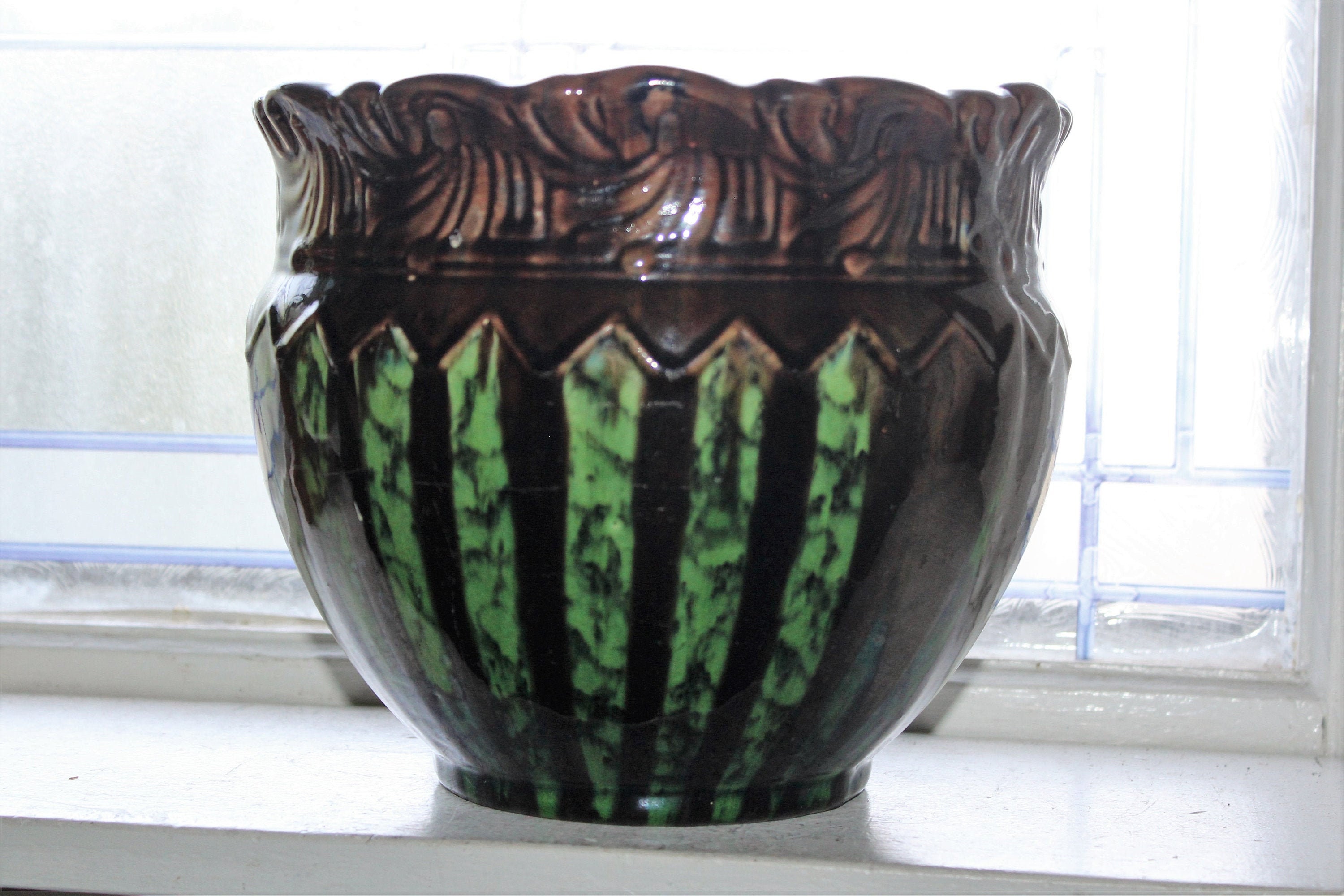 Large Antique Weller Pottery Striped Jardiniere