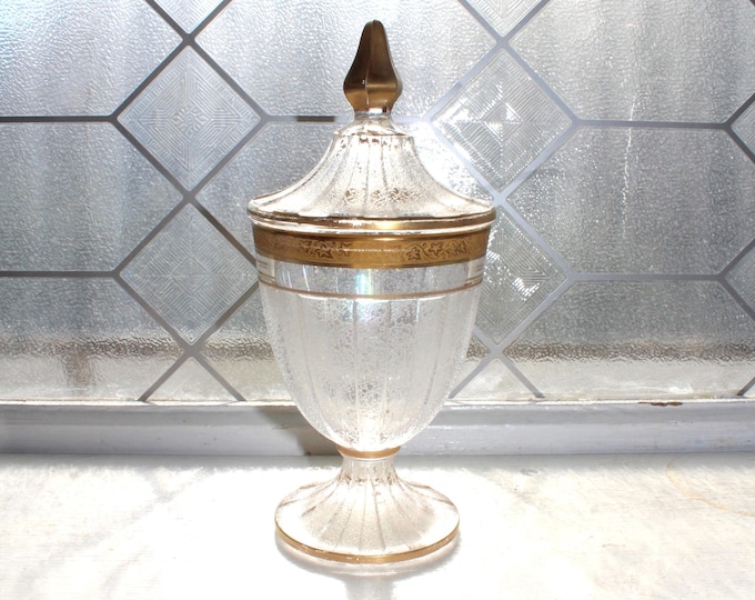 Elegant Vintage Heisey Glass Apothecary Pedestal Jar Gold Trim Candy Dish