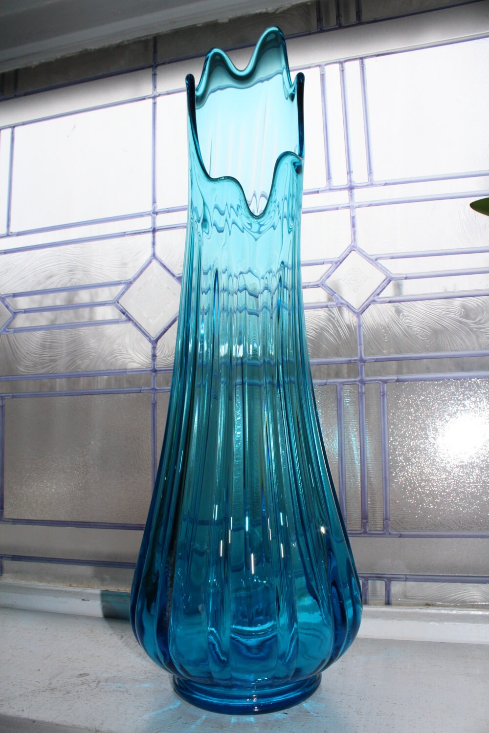 Large Blue Swung Glass Vase 20.5 Vintage 1960s