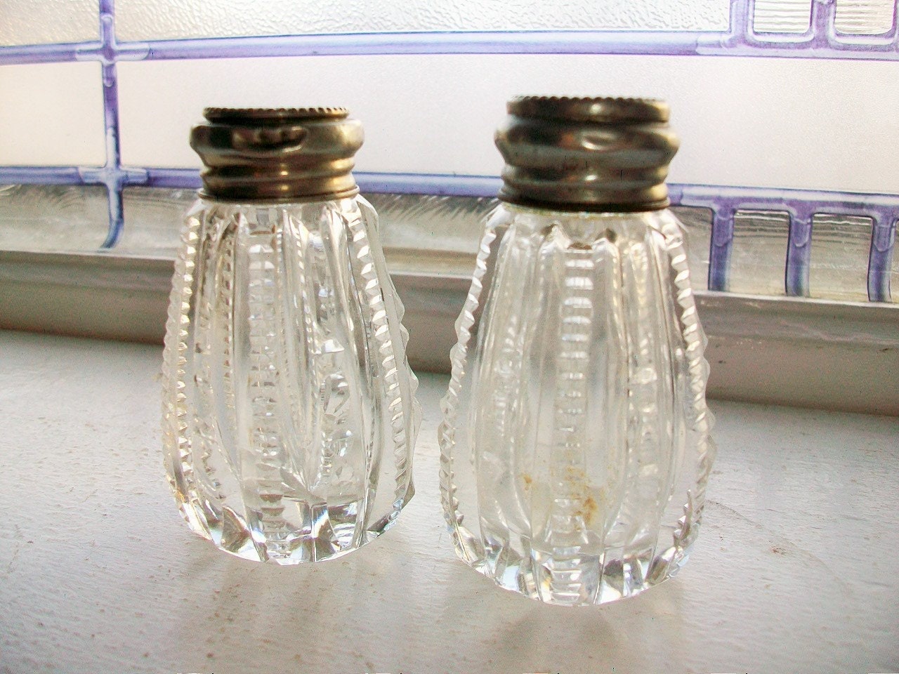 Antique Salt and Pepper Shakers Crystal and Sterling Silver with Mother of Pearl
