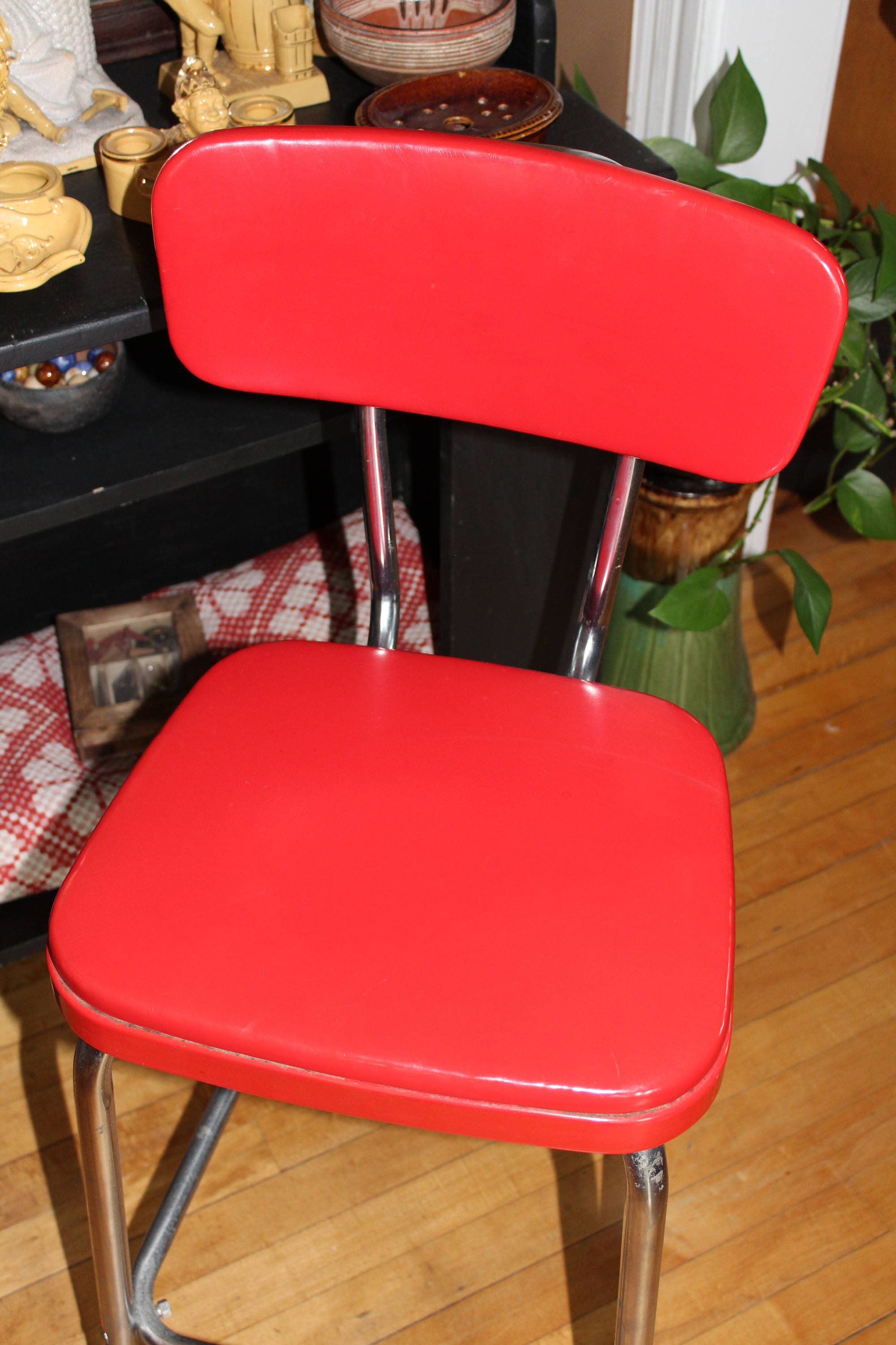 Mid Century Kitchen Chair Bar Stool Chrome and Red Vinyl 1950s Cosco