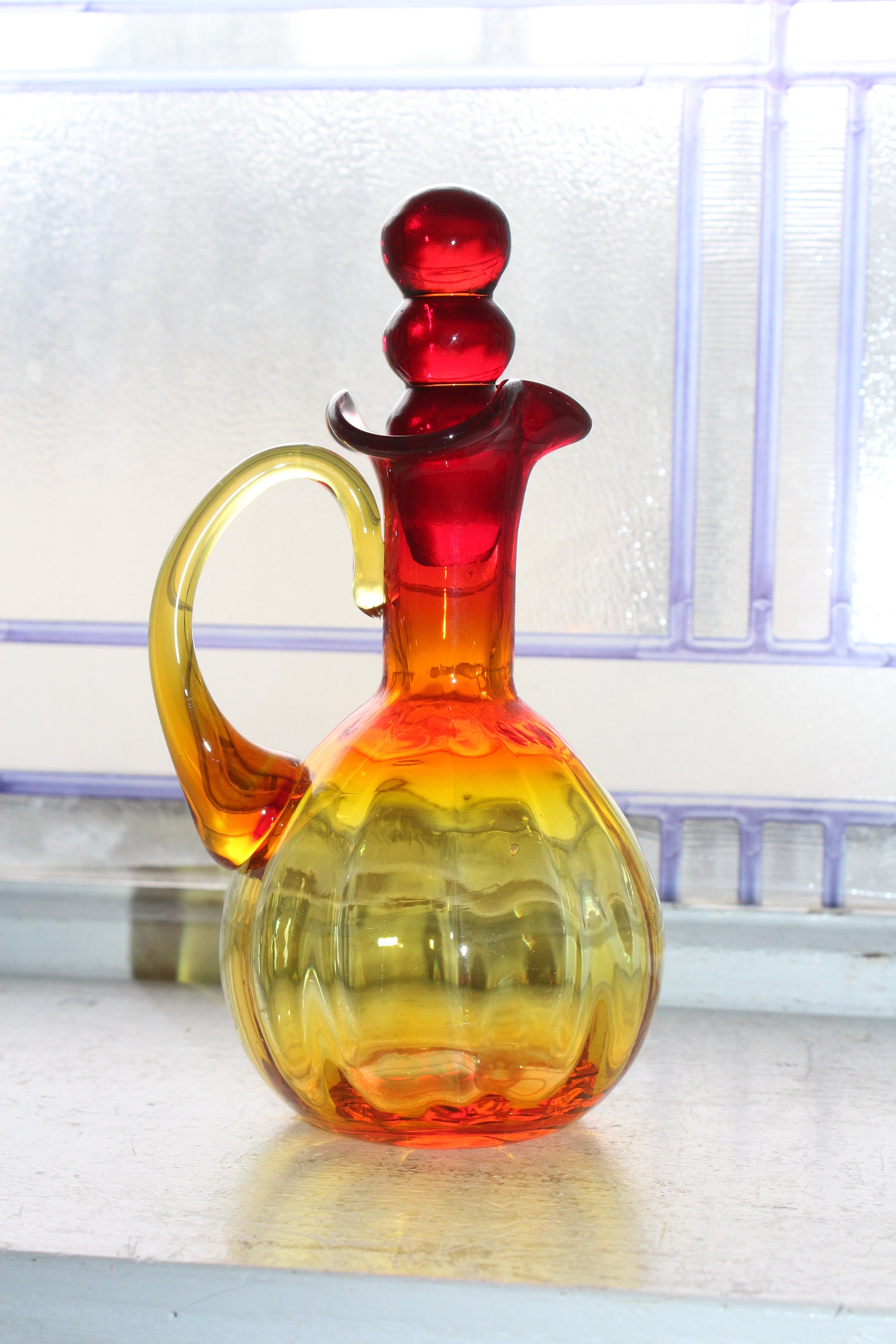Vintage Amberina Rainbow Glass Cruet With Bubble Stopper 1960s