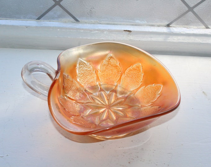 Vintage Dugan Leaf Rays Carnival Glass Handled Dish Nappy Marigold