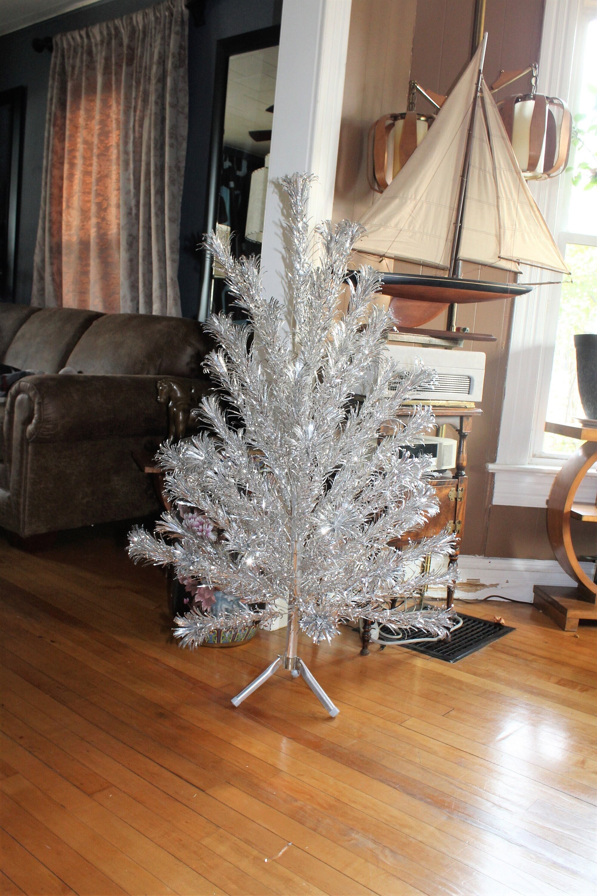 Vintage 4 ft Aluminum Pom Pom Christmas Tree Evergleam Circa 1960s