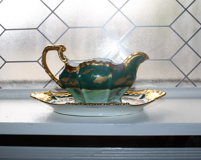 Antique Coronet Limoges Hand Painted Sauce Boat & Underplate Gold and Green