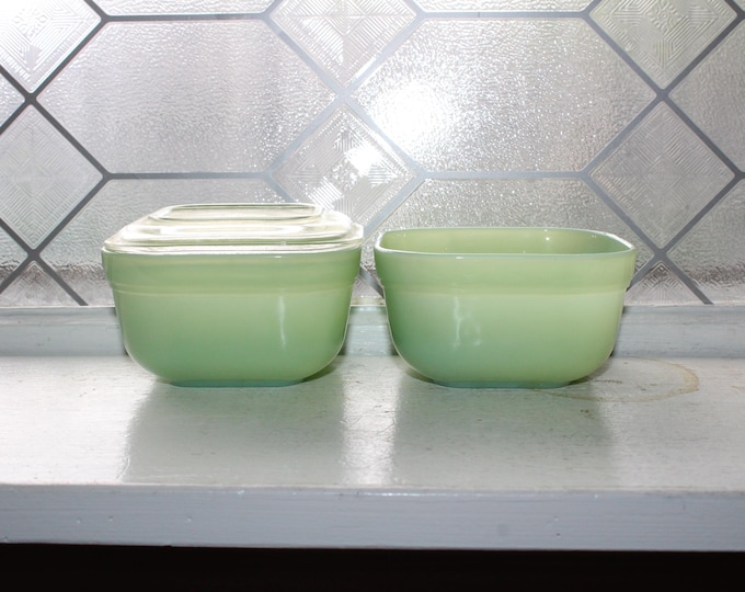 Fire King Jadite Glass Refrigerator Dish Pair with 1 Lid Vintage 1930s