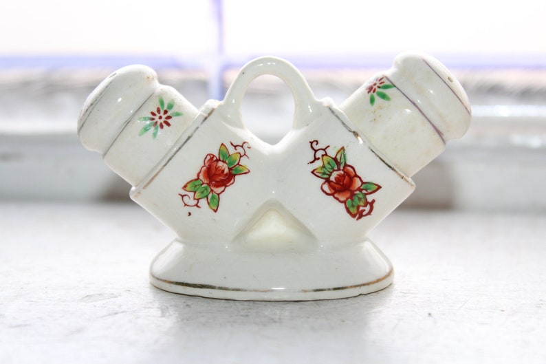 Vintage Cylinder Salt and Pepper Shakers with Holder