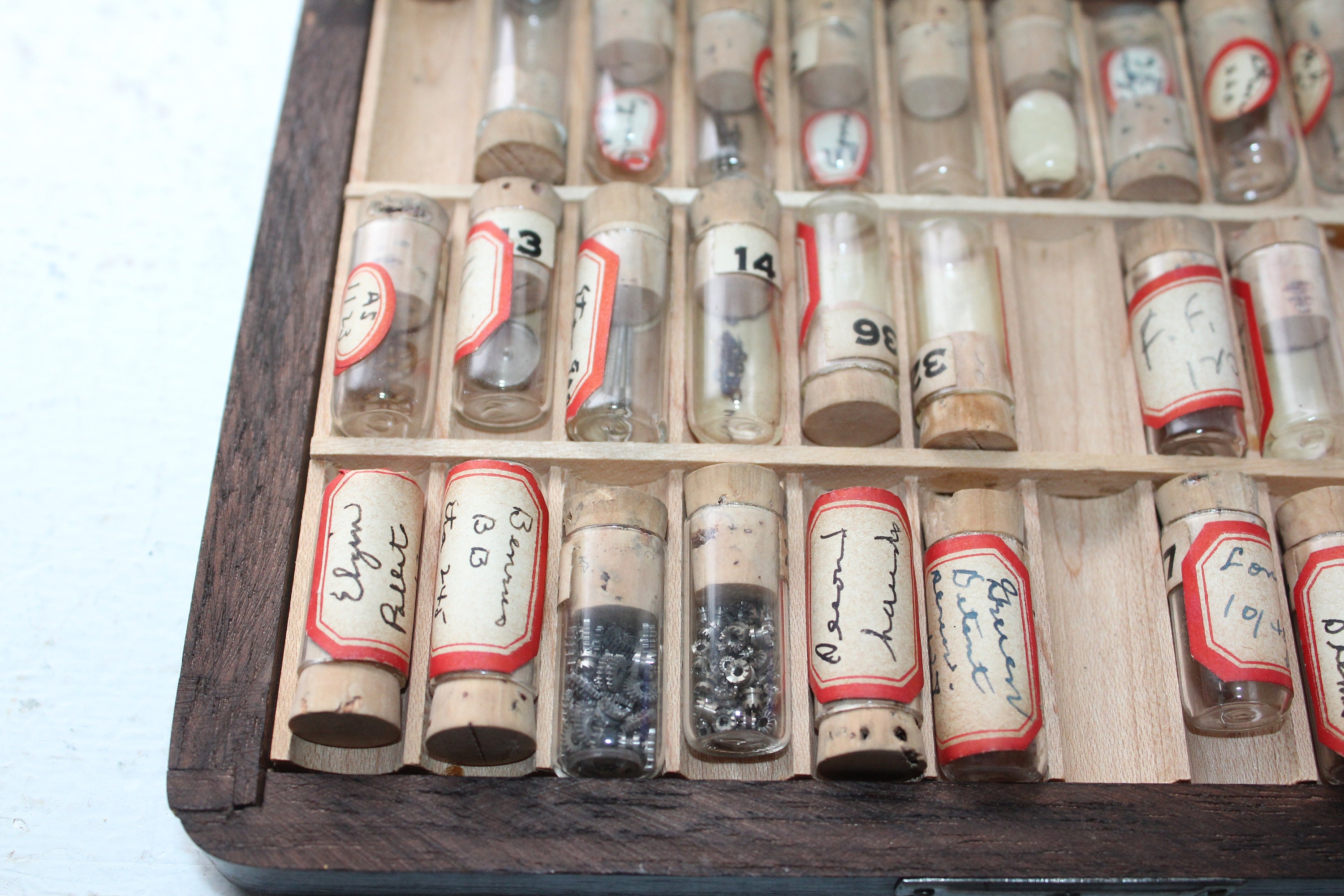 Vintage Wood Case of Watch Parts in Glass Vials