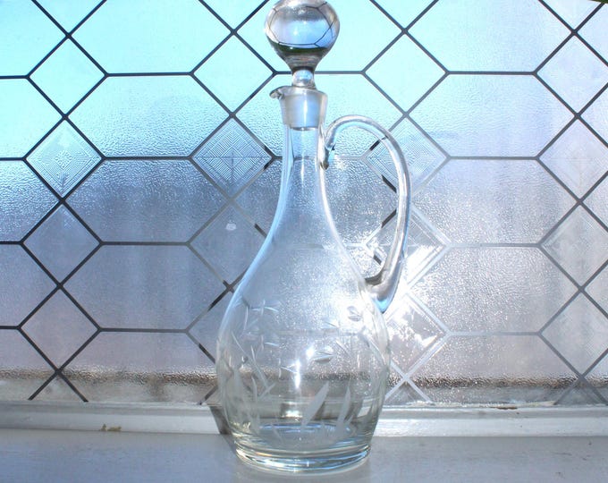 Large Mid Century Cut Glass Wine Decanter with Floral Pattern