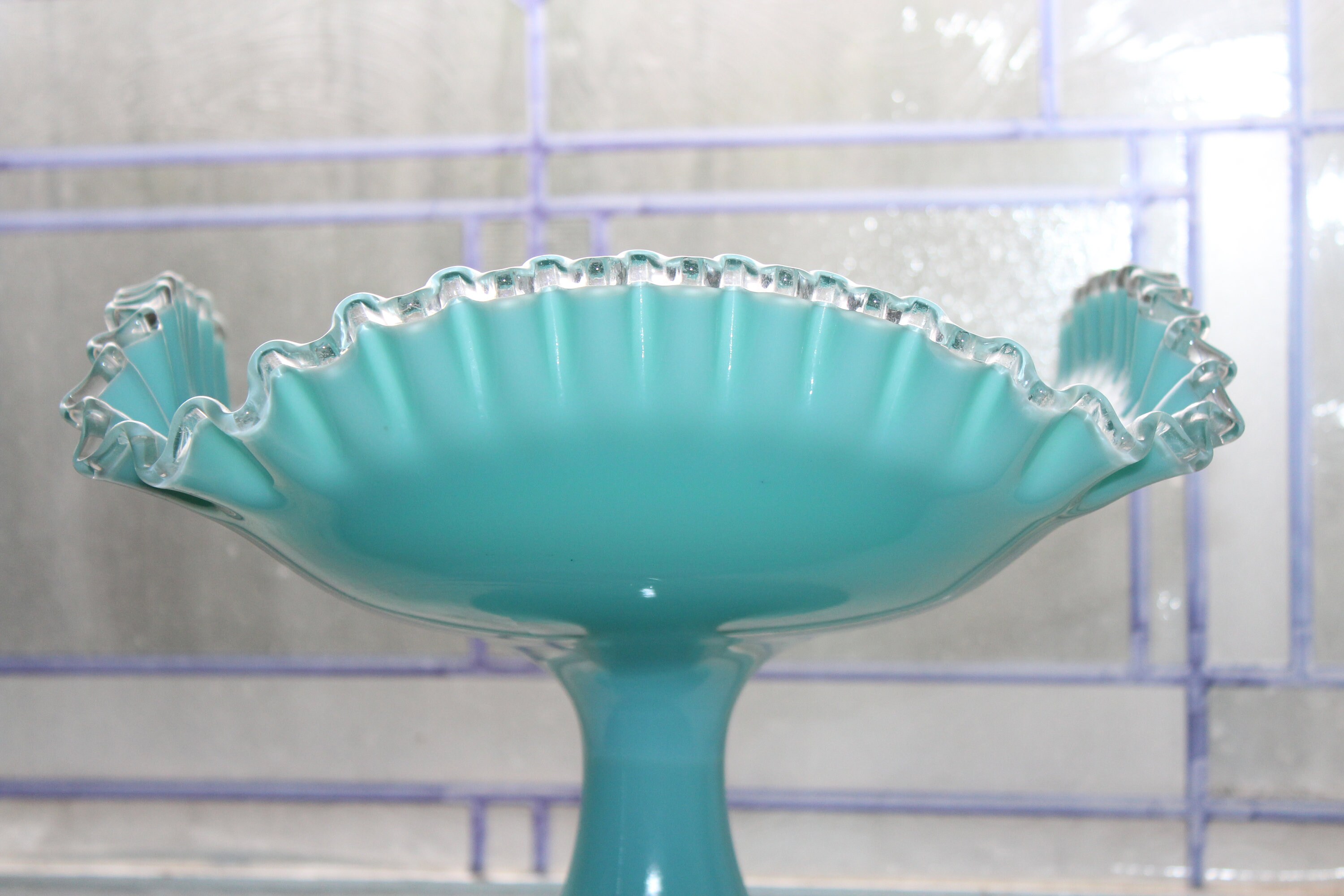 Large Fenton Glass Pedestal Bowl Square Compote Silver Turquoise Crest