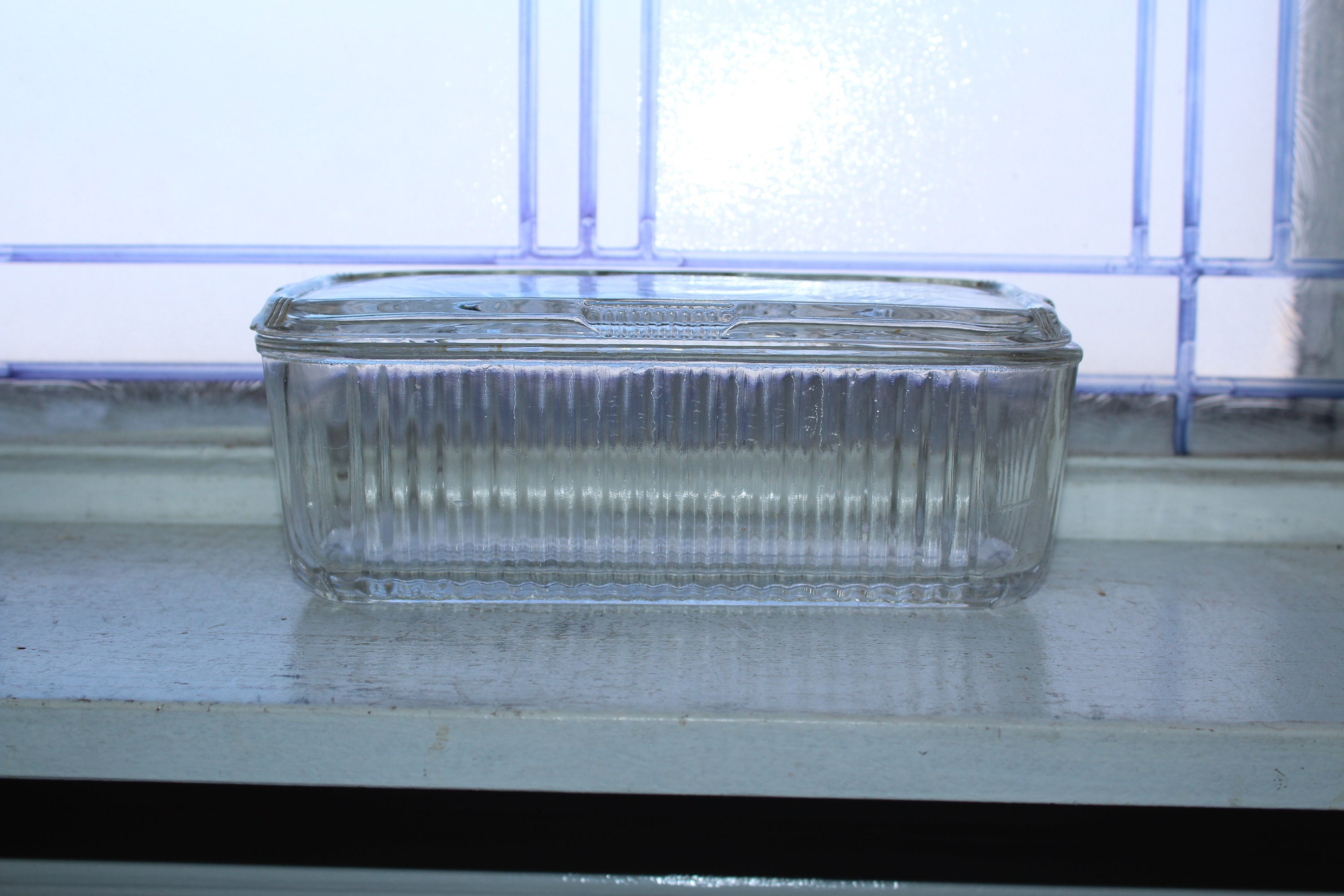 Vintage Ribbed Glass Refrigerator Dish Fruit & Veggie Motif Lid 1940s