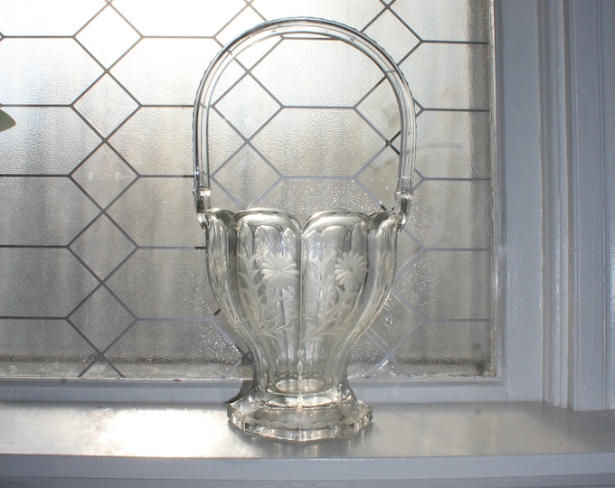 Vintage 15" Heisey Glass Colonial Basket with Cut Flowers Design