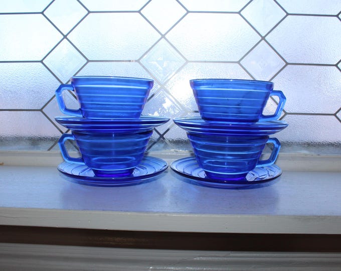 4 Vintage Art Deco Cobalt Blue Moderntone Cups and Saucers 1930s Glass
