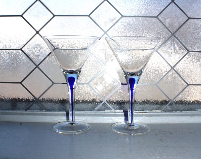 2 Orrefors Intermezzo Martini Glasses Blue Teardrop