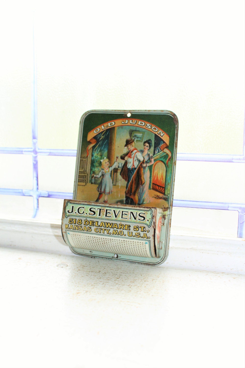 Old Judson J C Stevens Tin Litho Match Holder Antique Advertising